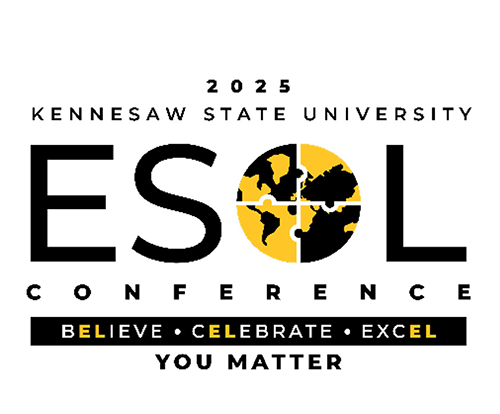 2025 Kennesaw State University ESOL Conference logo featuring bold black text with a stylized letter 'O' containing a globe puzzle design in black and gold. Below, the tagline reads 'Believe • Celebrate • Excel' in black and gold, followed by 'You Matter' in black text.