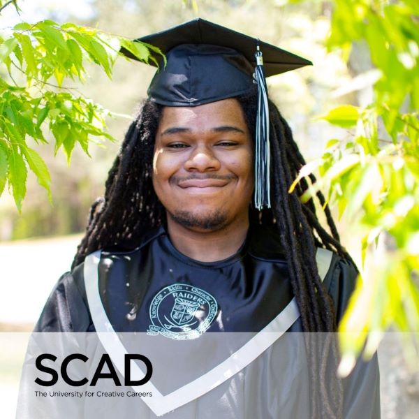 Deshawn Kindle, a graduate wearing a cap and gown with the SCAD logo in the bottom left corner. 
