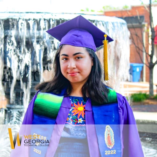 Daniela Milian, a graduate wearing a cap and gown, with the West Georgia Technical College logo in the bottom left corner. 