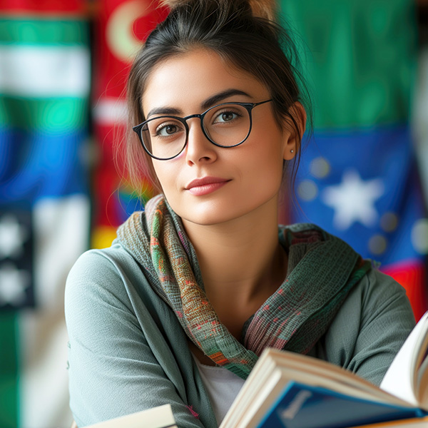 woman with glasses sitting in front of international flags