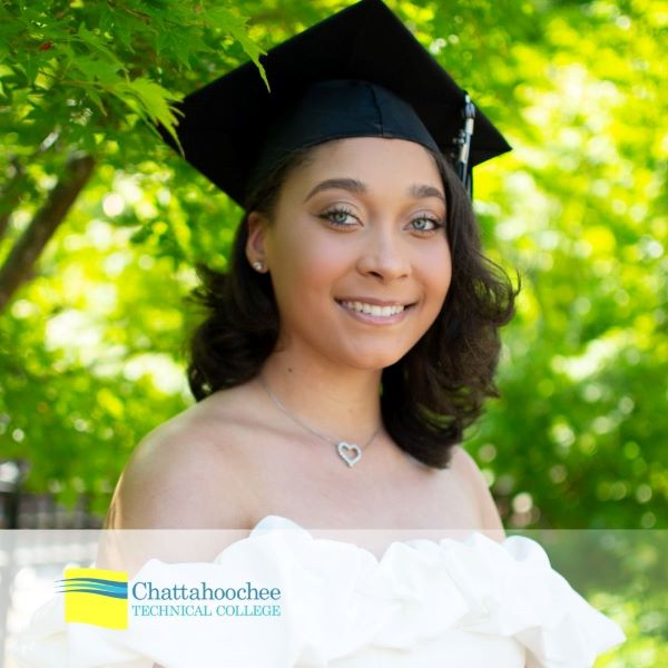 Maiyah White, a graduate wearing a black cap and white top in an outdoor setting, with the Chattahoochee Technical College logo in the bottom left corner.