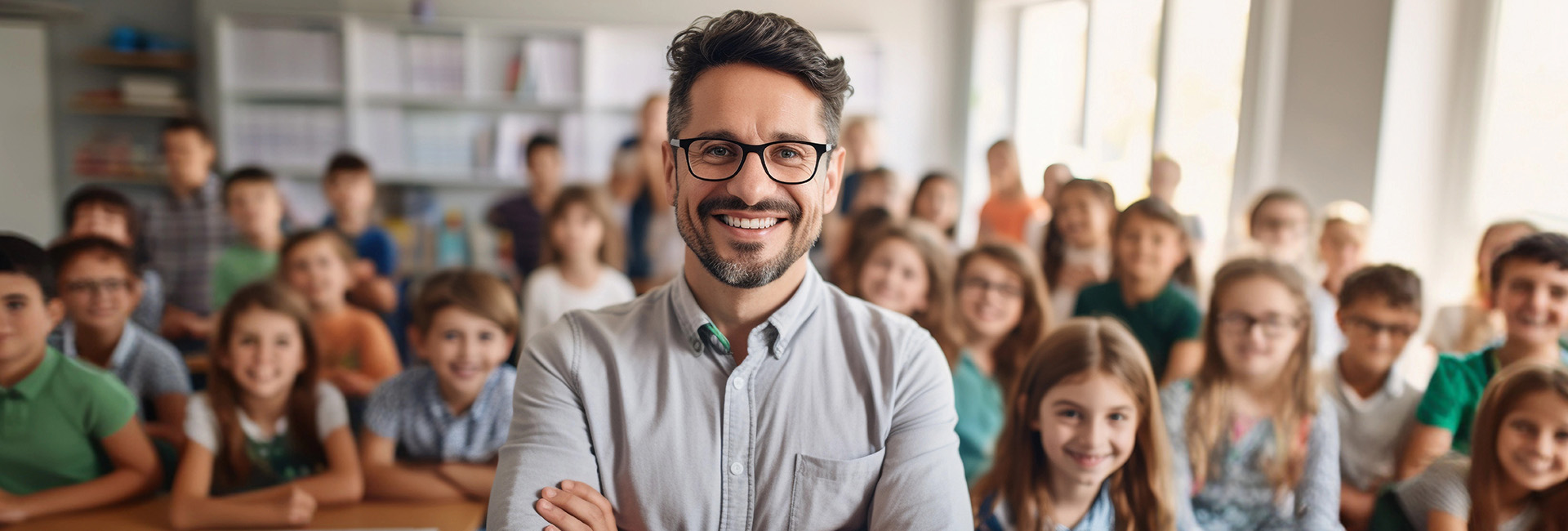 Teacher in classroom with the class standing behind him