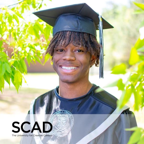 Terrell Johnson, a graduate wearing a cap and gown with the SCAD logo in the bottom left corner.