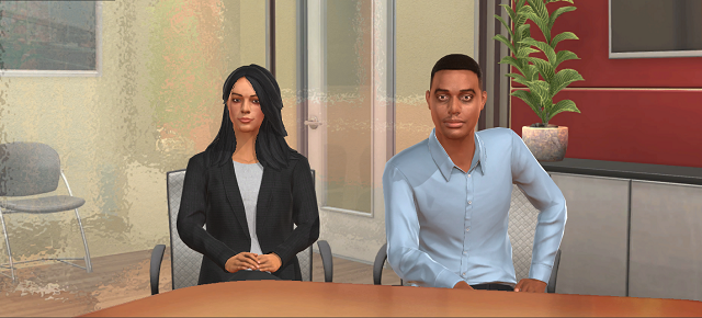 fishbowl office with man and woman avatars