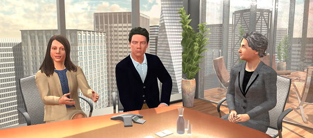 fishbowl office with 2 woman and 1 man avatars