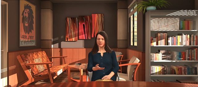 sunny office with woman avatar