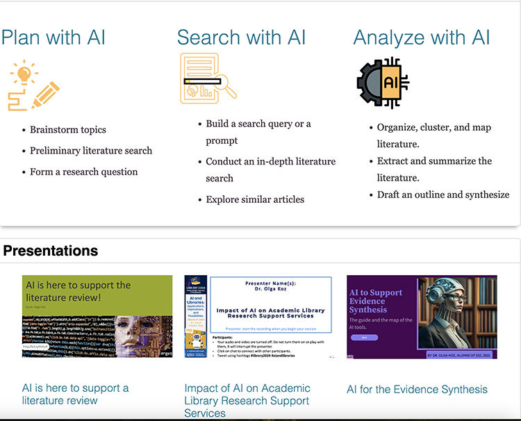 Plan, search, and analyze with AI are depicted through icons and lists describing brainstorming, searching, and analyzing literature. Below, three colorful presentation slides highlight AI's role in literature review and academic research support.