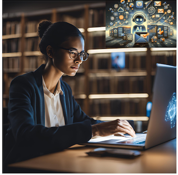 A focused woman in a library works on a glowing laptop displaying AI graphics. An inset shows AI icons like gears, envelopes, and charts, suggesting technology.