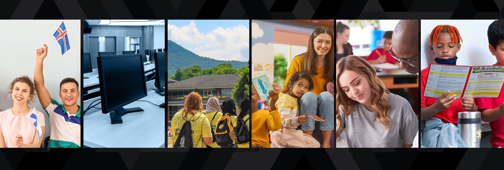 A collage of diverse educational settings, including students with international flags, a computer lab, a scenic campus view, a teacher with young children, a student studying, and children engaged in classroom reading activities.