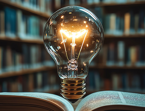 A light bulb casts a warm glow on an open book, highlighting the pursuit of knowledge and ideas.