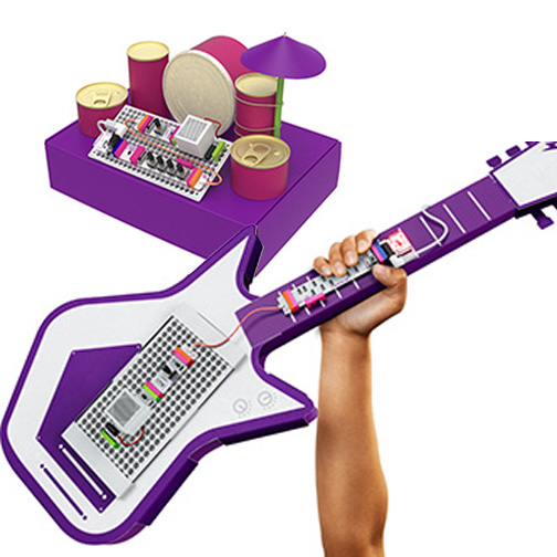 purple guitar with purple drumset in background.