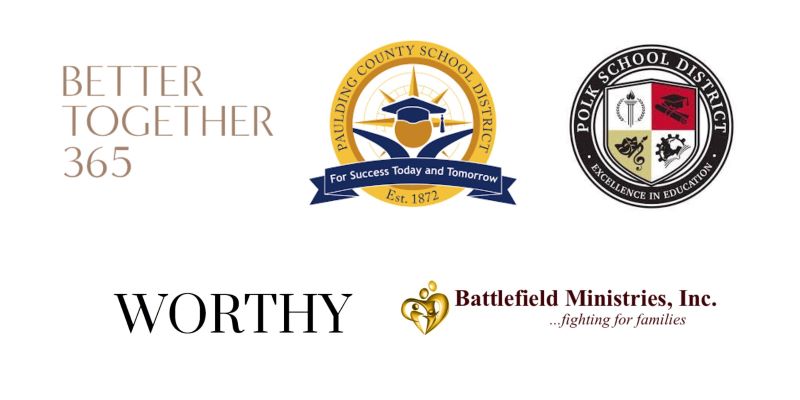 A white background with the following logos: Better Together 365, Paulding County School District, Polk School District, Worthy, and Battlefield Ministries, Inc.