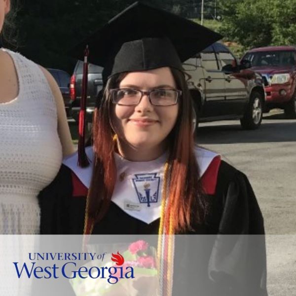 Elizabeth Martin, a graduate in a cap and gown, with the University of West Georgia logo in the bottom left corner.