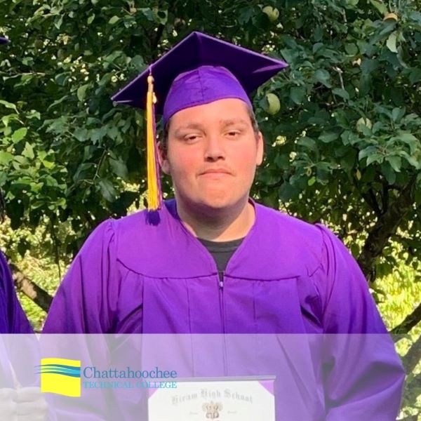 Nate Quinones, wearing a purple cap and gown, with the Chattahoochee Technical College logo in the bottom left corner. 