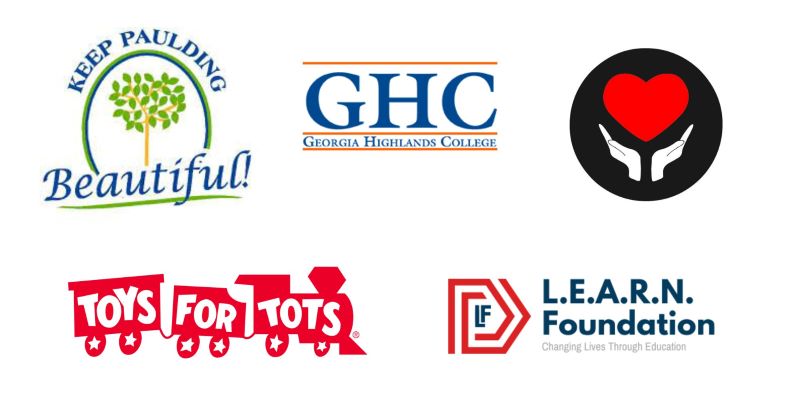 A white background with the following logos: Keep Paulding Beautiful, Georgia Highlands College, two hands holding a heart, Toys for Tots, and the LEARN Foundation.