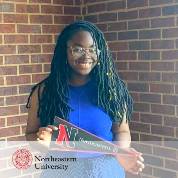 Rose Meus, smiling and holding a college flag, with the Northeastern University logo in the bottom left corner.