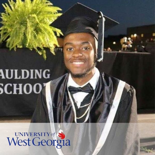 Silas Johnson, wearing a black cap and gown with the University of West Georgia logo in the bottom left corner.