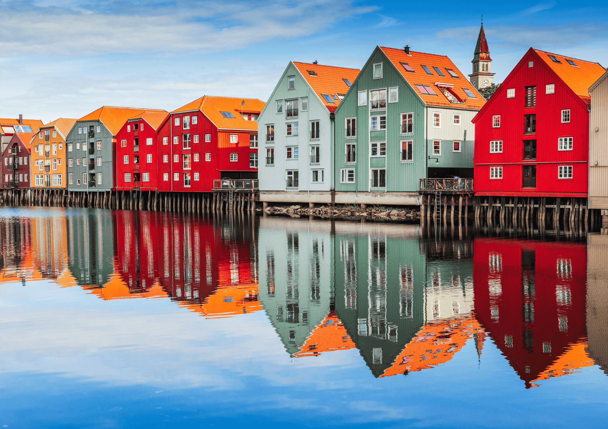 Colorful buildings along a river in Norway.