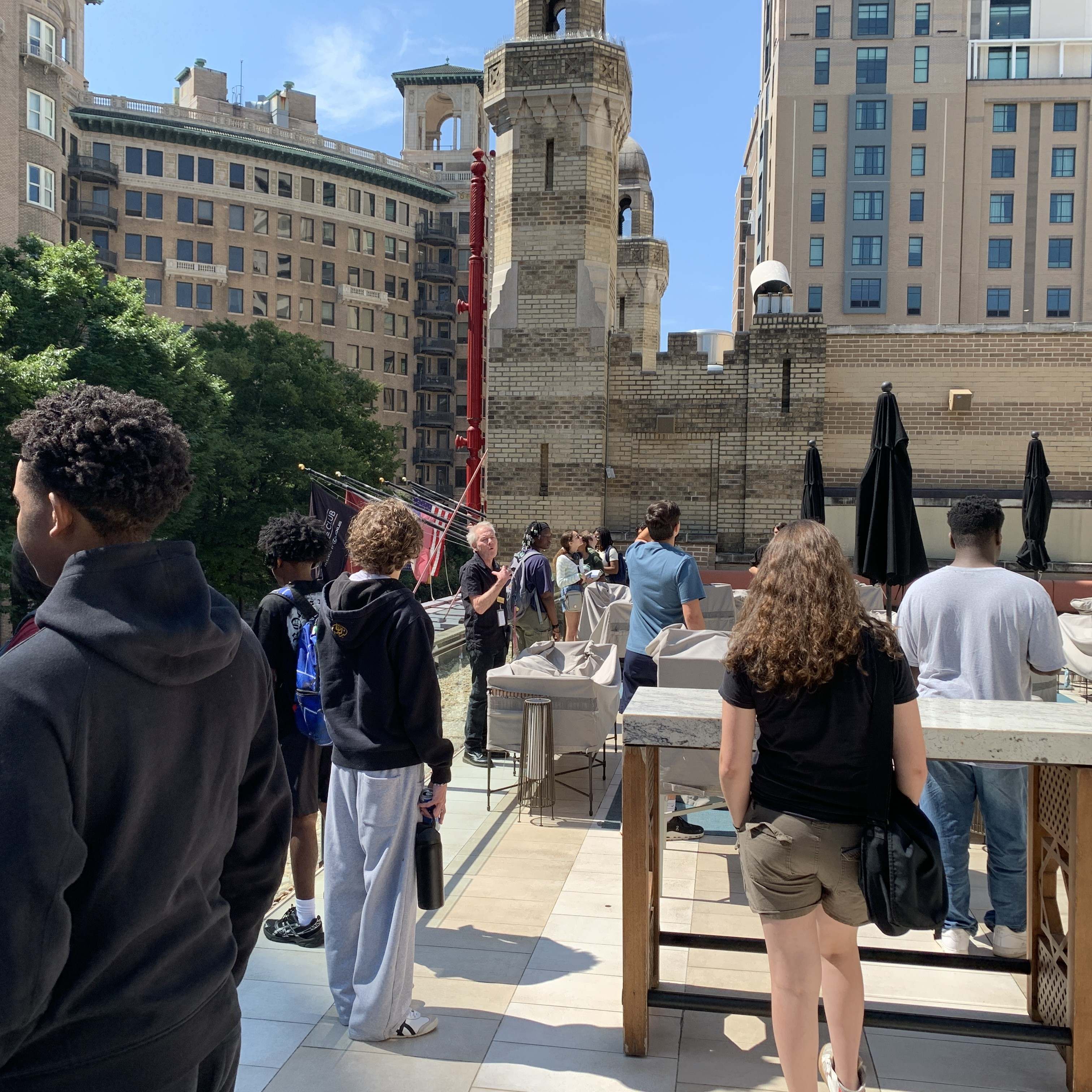 Students explore the rooftop of the historic Fox Theatre in Atlanta. 