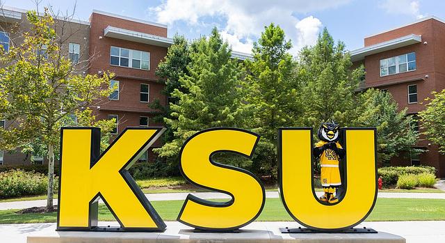 KSU logo sign with Scrappy Owl Mascot