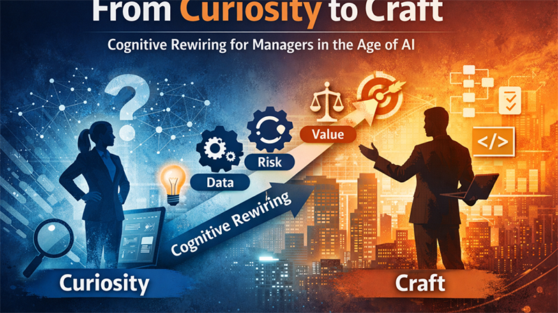 Silhouettes of a woman and man face opposite directions, symbolizing a journey from curiosity to craft. Icons represent data, risk, and value. Urban skyline background with blue and orange tones, conveying innovation and transformation.