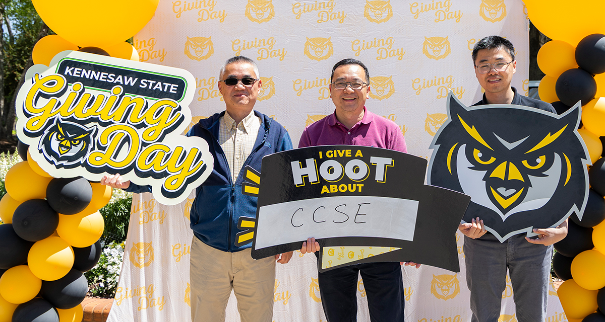 Yong Pei, Shaoen Wu and Chen Zhao support CCSE during KSU Giving Day.