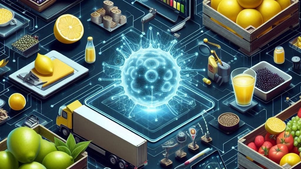 Futuristic digital scene with a blue glowing virus surrounded by crates of fruits, juice, and a delivery truck, symbolizing food supply chain.