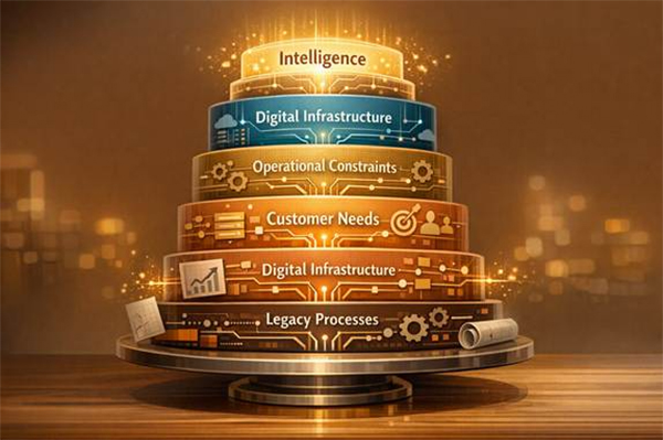 Glowing layered pyramid of business concepts: Intelligence, Digital Infrastructure, Operational Constraints, Customer Needs, and Legacy Processes.
