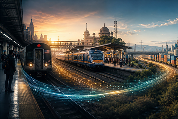 Futuristic trains arrive at a busy station beneath a sunset sky, with a mosque, city skyline, mountains, and glowing digital light trails.