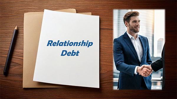 relationship debt on piece of paper on desk with pencil and picture of men shaking hands