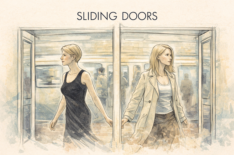 Dual images of a woman entering a train; left side in a black dress, right side in a white top and beige coat. Title "Sliding Doors" above.