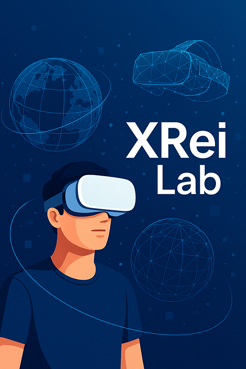 A cartoon student with a VR headset on a blue background.