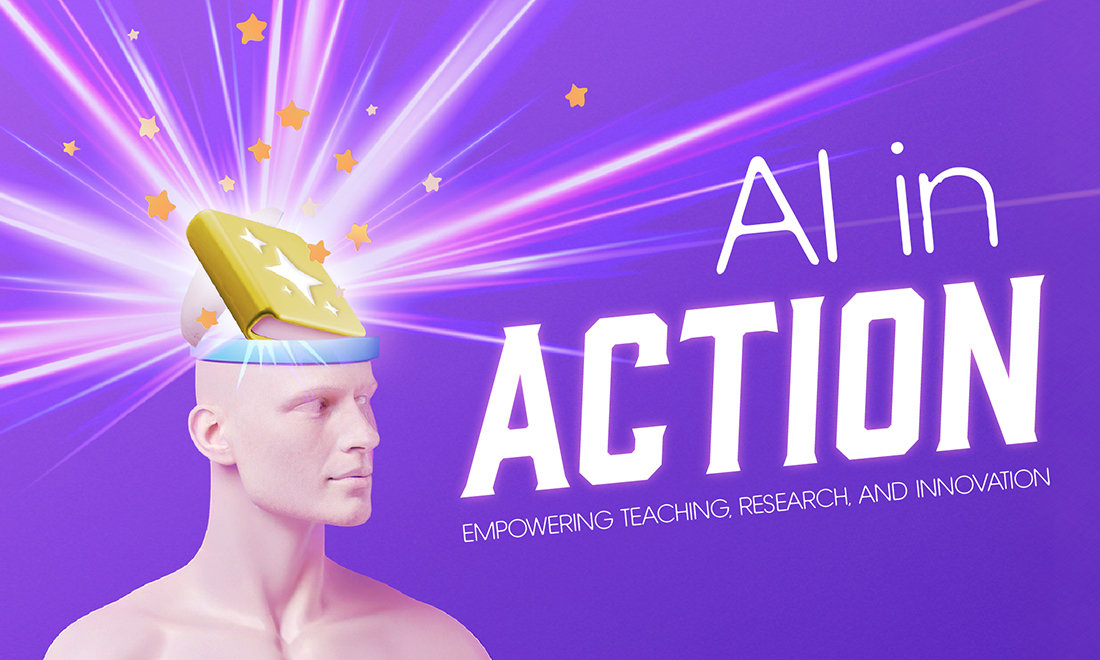 Title card for AI in Higher Education symposium, featuring the event's title surrounded by stylized illustrated books