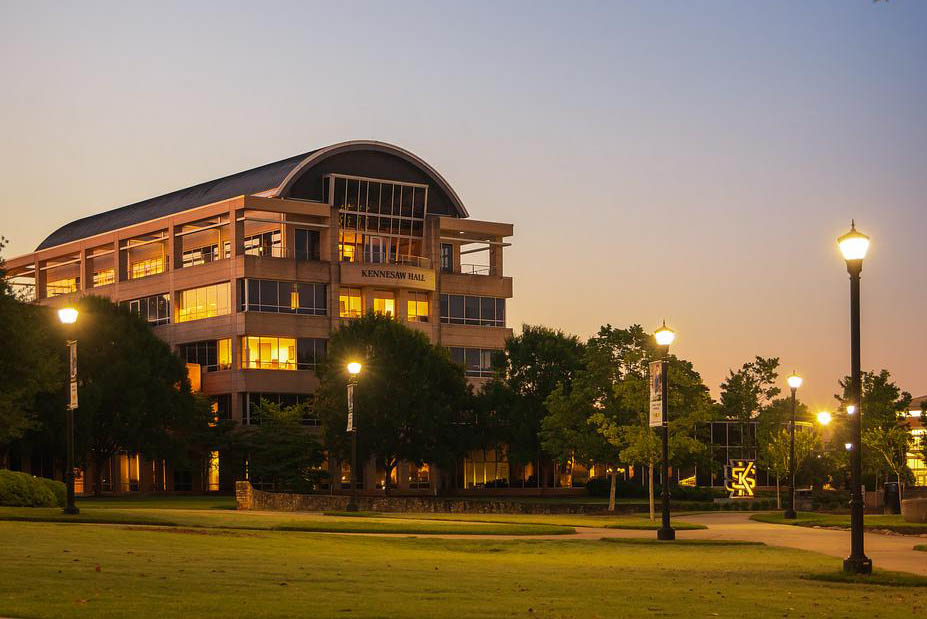 Kennesaw State Campus in evening with streetlights on