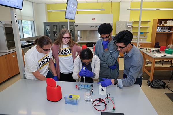 A Kennesaw State University student participating in PRESS, wears safety goggles and concentrates intently on using a dropper to add liquid to a graduated cylinder in a science course experiment in the science laboratory. / A Kennesaw State University student participating in PRESS, wears safety goggles and concentrates intently on using a dropper to add liquid to a graduated cylinder in a science course experiment in the science laboratory.