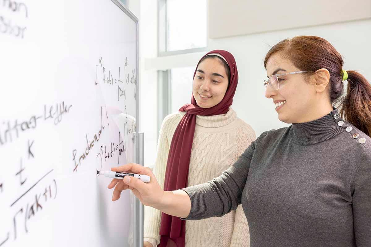 Faculty and student working on research on a whiteboard.  / Faculty and student working on research on a whiteboard. 