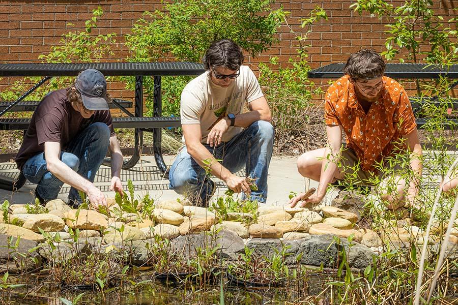 Kennesaw State students work in the Oasis outdoor classroom. Money for the space was donated by Joseph Cook. / Kennesaw State students work in the Oasis outdoor classroom. Money for the space was donated by Joseph Cook.
