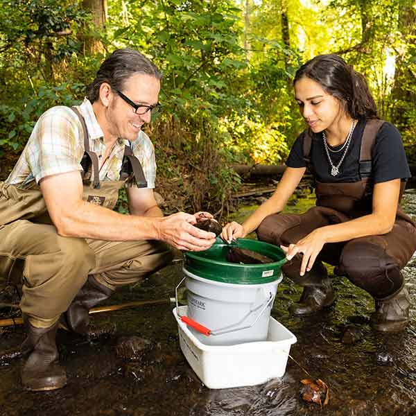 Faculty and student working on Ecology, Evolution, and Organismal Biology research in the field