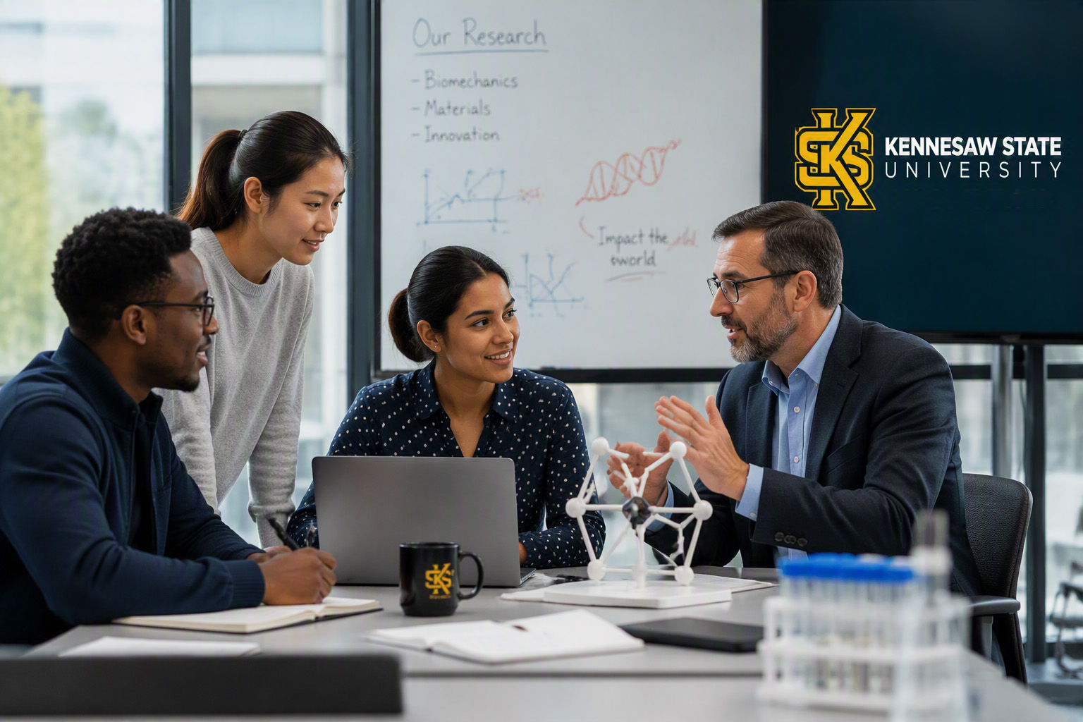 Graduate students collaborating with a faculty mentor in a research environment, representing scholarship-supported academic achievement and innovation.