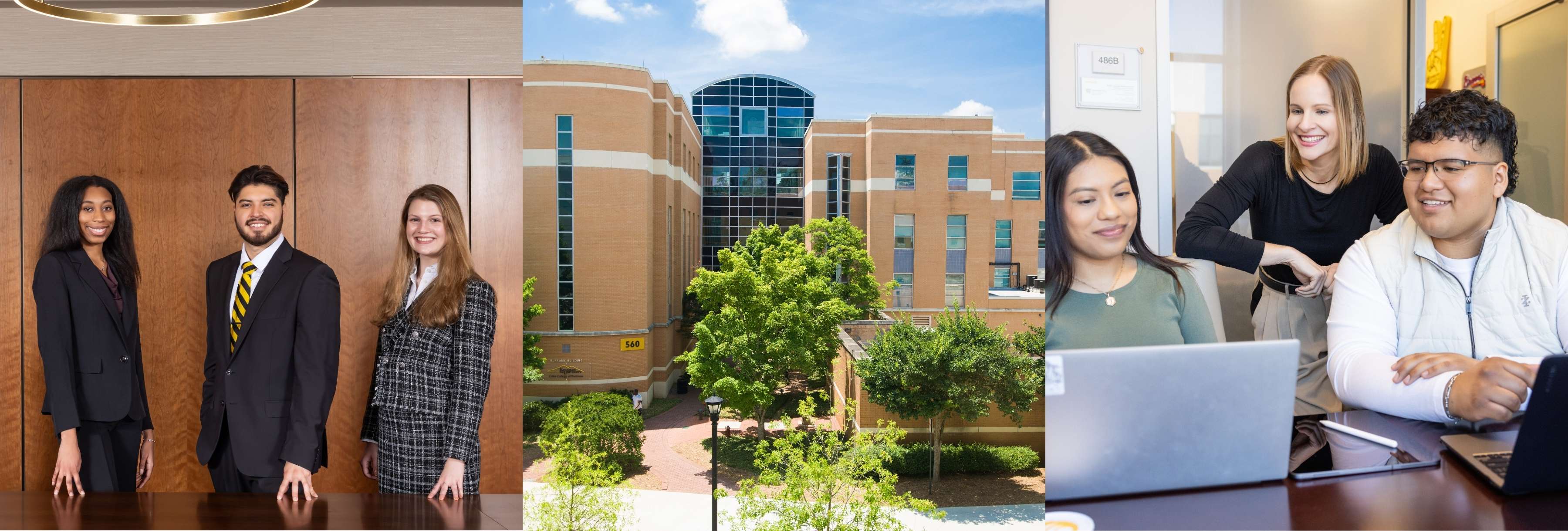Three images side-by-side: students in formal attire standing indoors, a brick academic building with trees on campus, and a small group collaborating at a table with laptops.