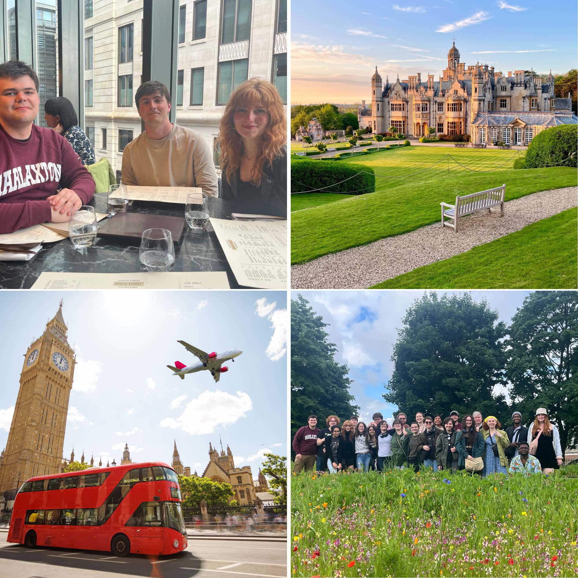 Four-photo collage featuring AMC Honors students studying abroad at Harlaxton Manor in England, with scenes of students dining together, Harlaxton Manor, London landmarks, and a group photo outdoors.