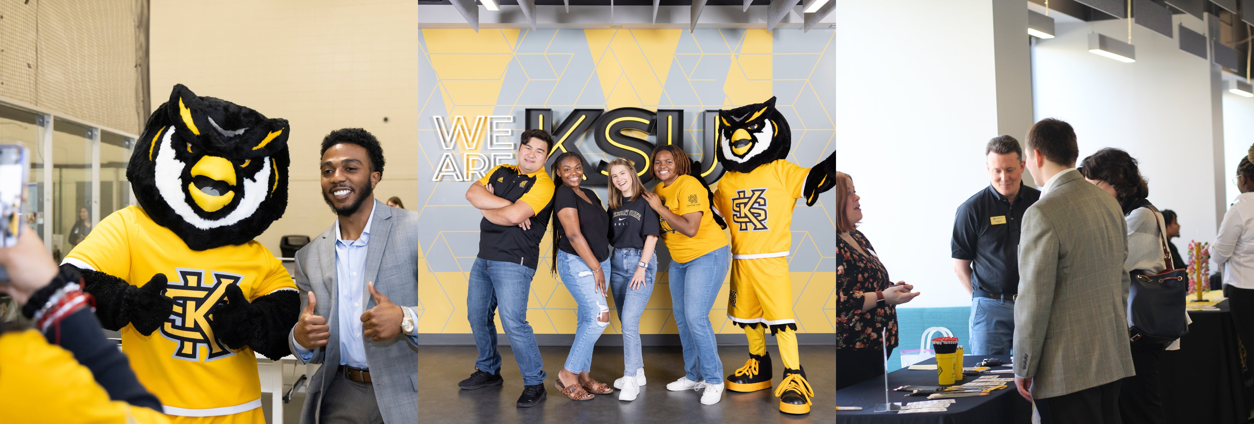 Students, Scrappy the Owl mascot, and campus guests connect, pose for photos, and network during a Kennesaw State University event.