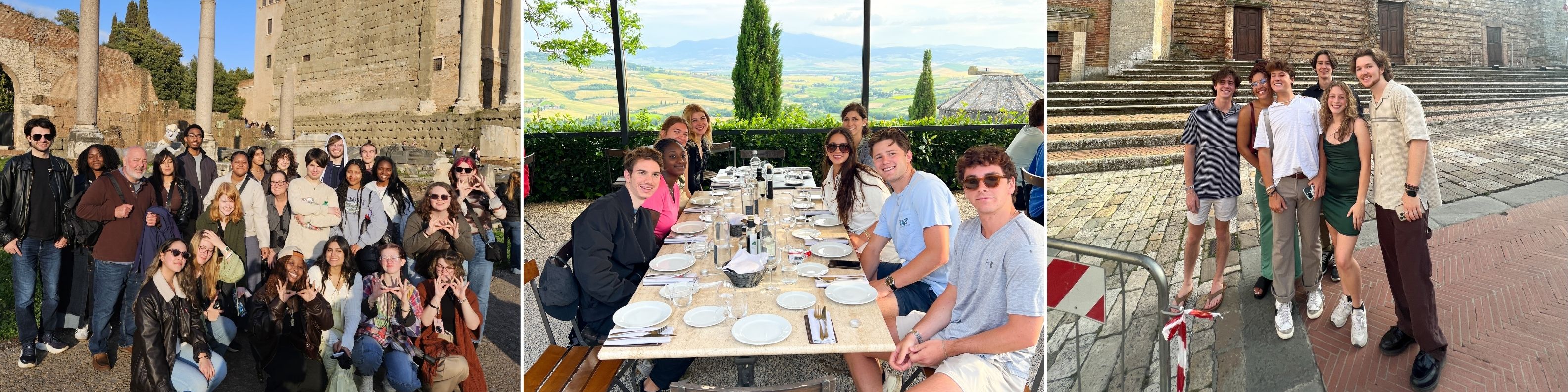 Collage of students during an educational travel experience in Italy, featuring a group photo on a historic stone balcony, a meal overlooking the countryside, and students standing in a historic town square.
