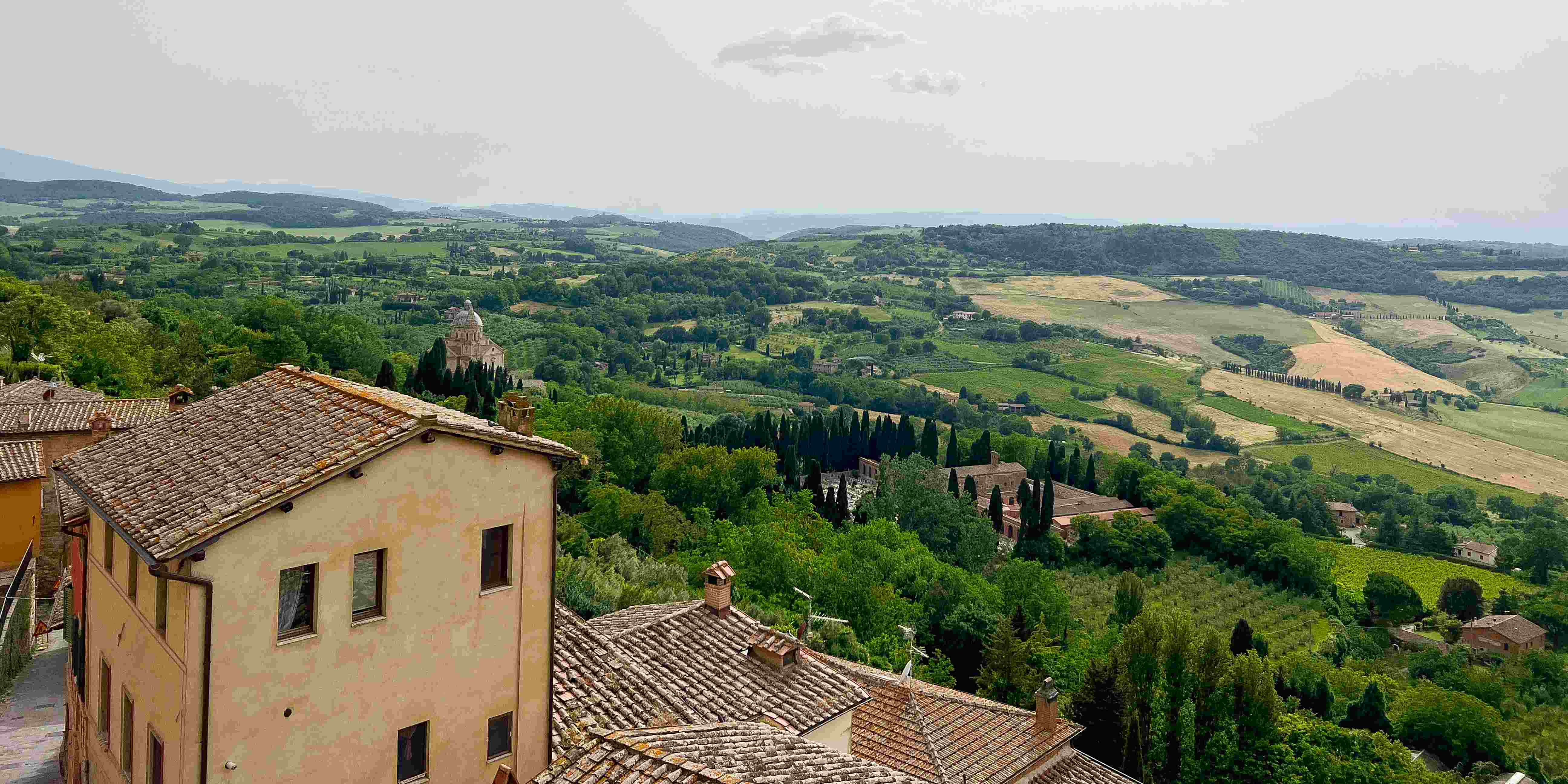Aerial view of a hilltop town in Tuscany, Italy.