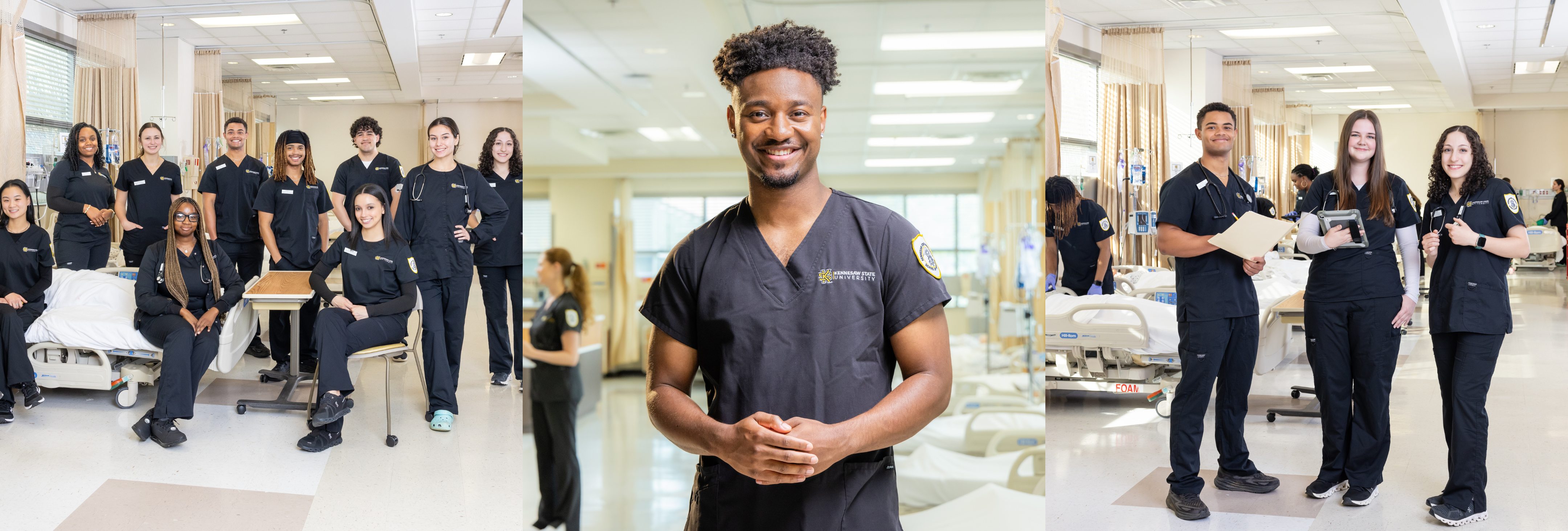 Collage of Kennesaw State Honors nursing students in a clinical skills lab. The center image shows a male student wearing asmiling and wearing black scrubs. The left and right images show groups of students in navy nursing uniforms standing beside hospital beds and medical equipment in a bright simulation classroom.