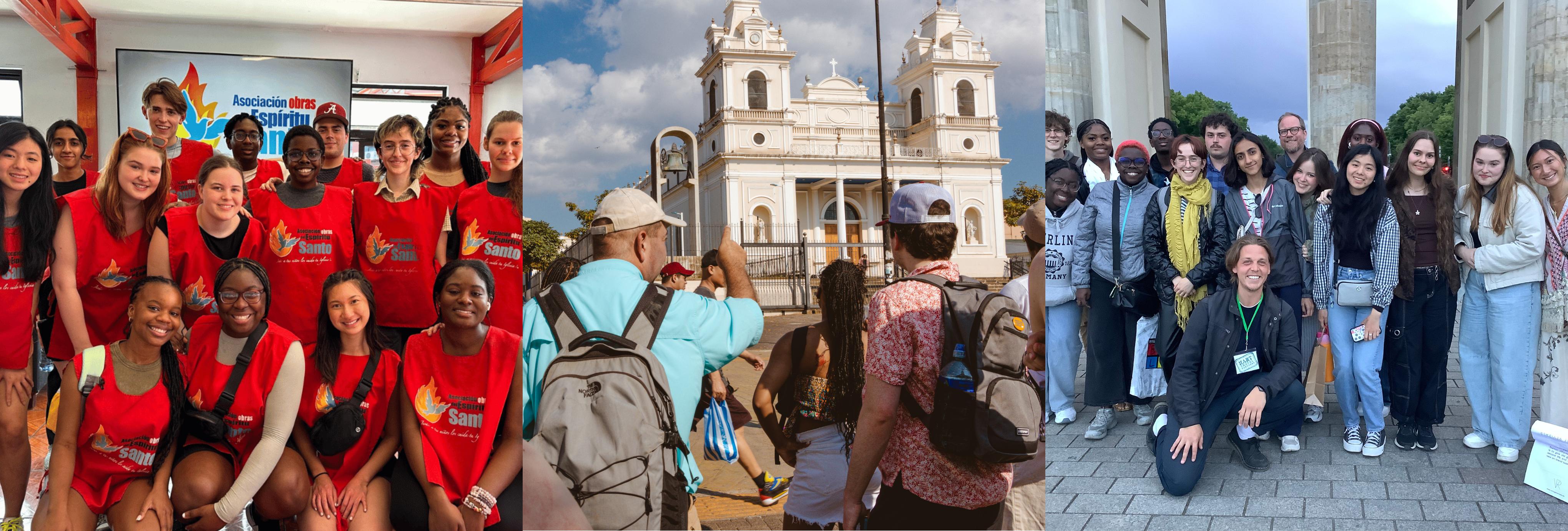 Collage of KSU students in the PEGS cohort studying abroad. Left picture shows students in red vests posing after a volunteer service activity. The middle picture shows students and faculty exploring Costa Rica with a church in the background. The far right picture shows students and faculty posing for a picture under columns.