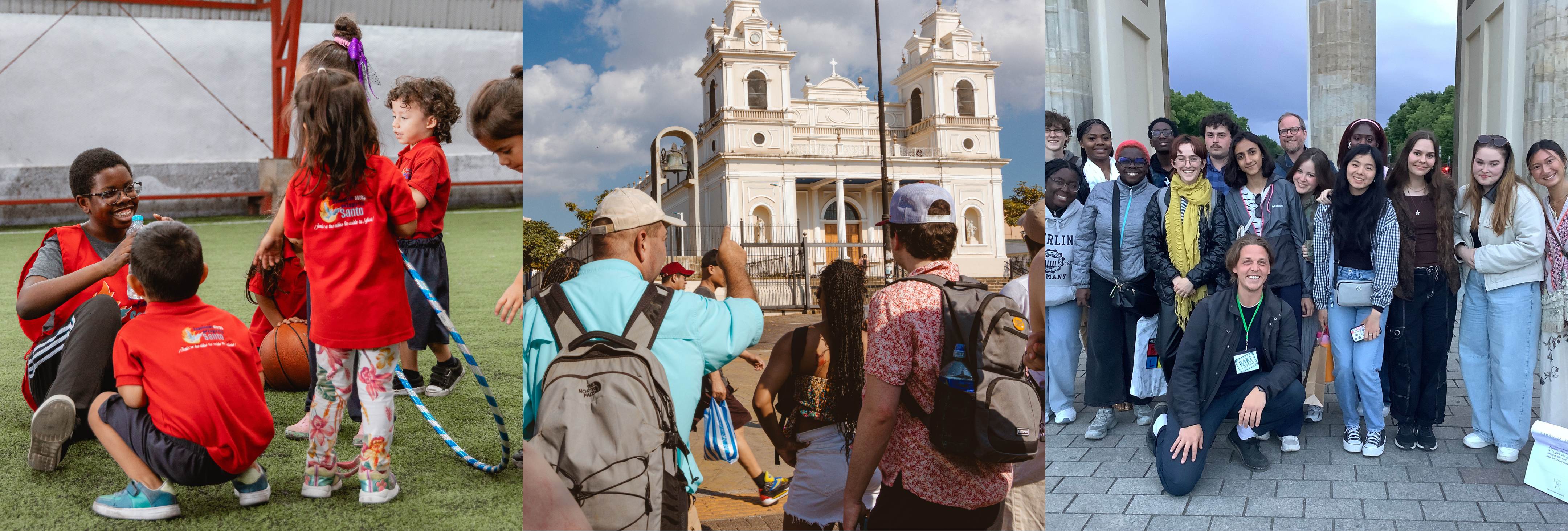 Collage of KSU students in the PEGS cohort studying abroad. Left picture shows students in red vests posing after a volunteer service activity. The middle picture shows students and faculty exploring Costa Rica with a church in the background. The far right picture shows students and faculty posing for a picture under columns. 