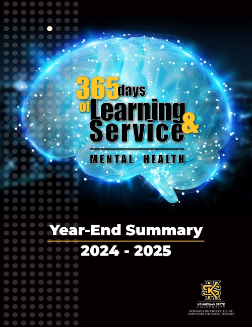 365 Days of Learning & Service Year End Summary 2024-2025 Mental Health cover image of brain emmiting blue light