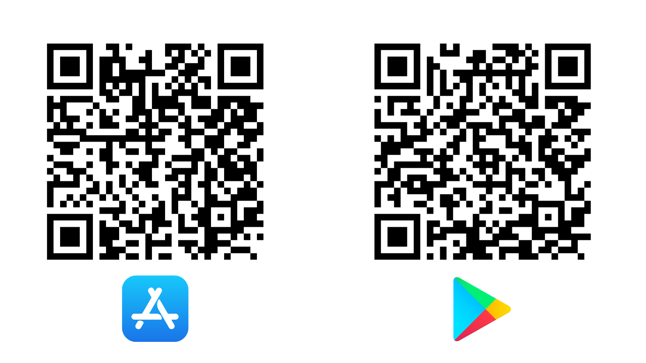 Two QR codes for downloading the Suitable app. The left code is labeled with the Apple App Store icon, and the right code with the Google Play Store icon