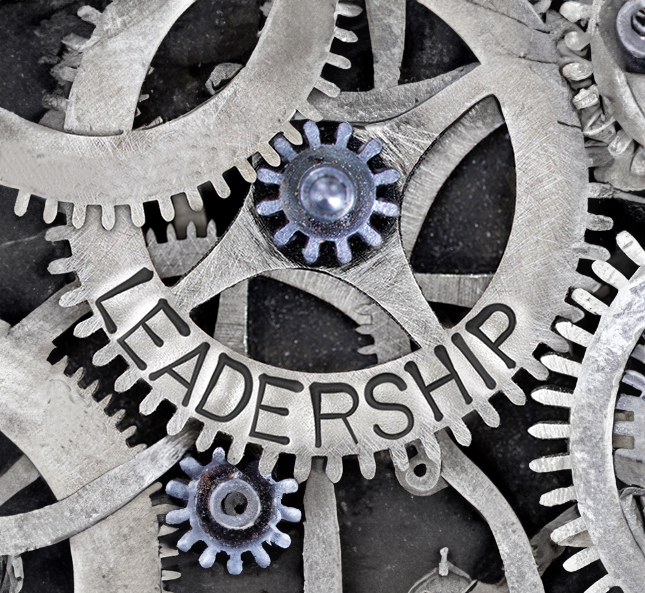 Interlocking metal gears with "LEADERSHIP" engraved on one.